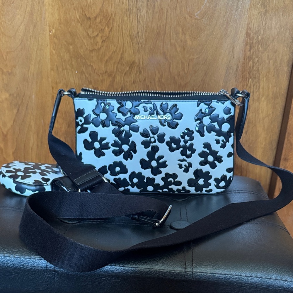 Michael Kors Black and White Floral Crossbody Bag